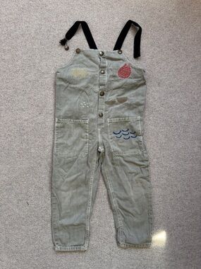Bobo Choses Olive Green Overalls with Black Straps and Multicolor Embroidery